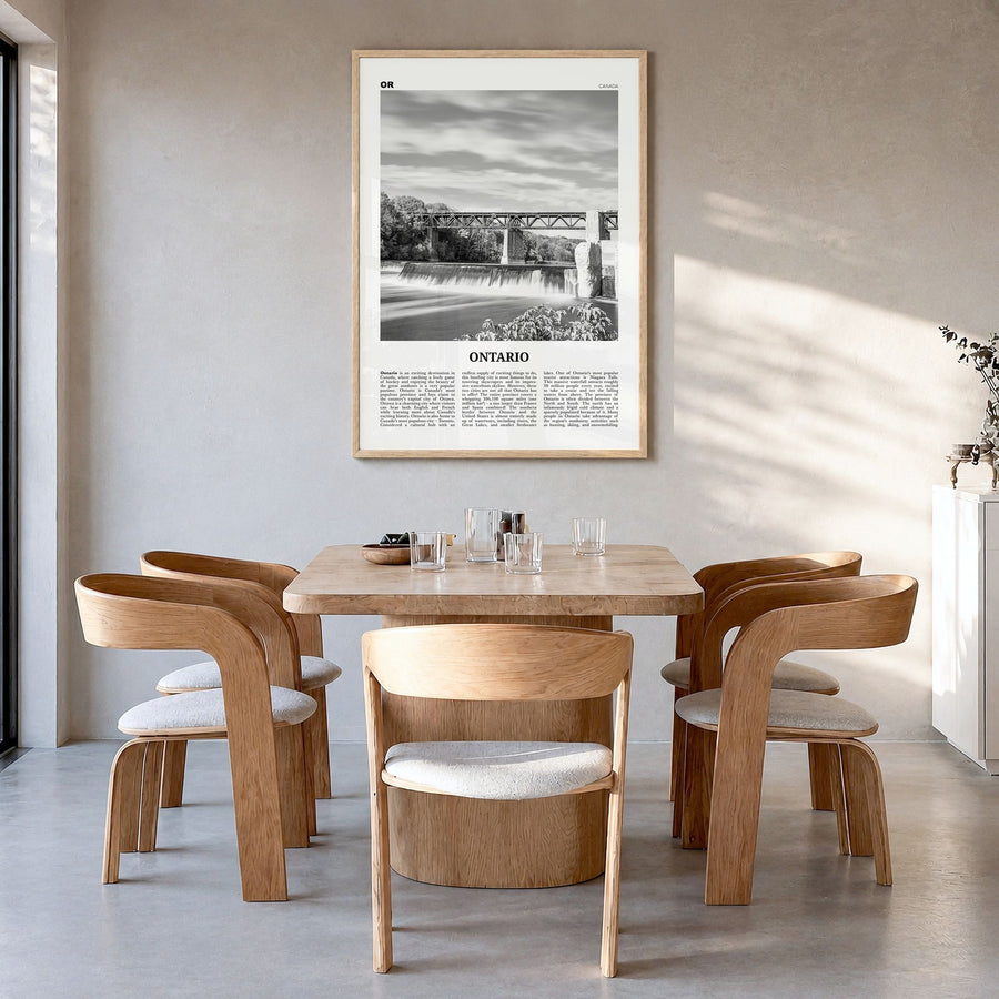 Ontario Newspaper Poster in a natural wood frame, hanging in a dining room