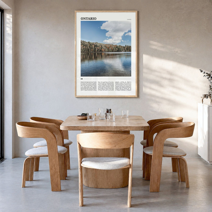 Ontario Travel Poster in a natural wood frame, hanging in a dining room