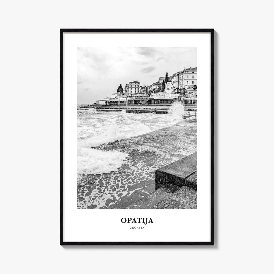Opatija black & white classic poster of Croatia – vertical wall art, unframed print shown in interior mockup