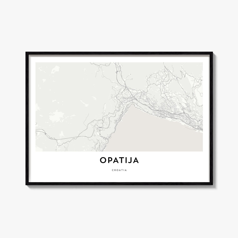 Opatija black & white map poster of Croatia – horizontal wall art, unframed print shown in interior mockup