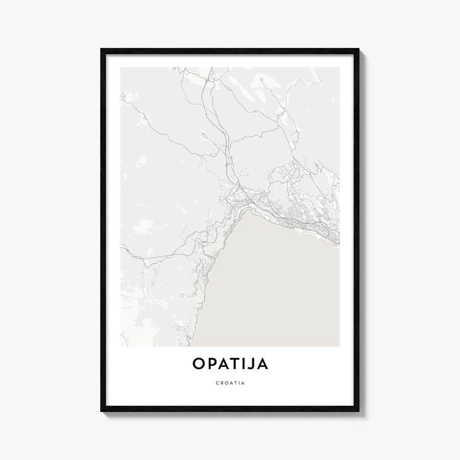 Opatija black & white map poster of Croatia – vertical wall art, unframed print shown in interior mockup