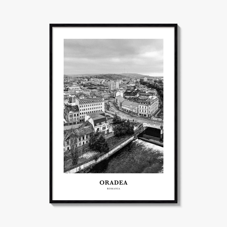 Oradea black & white classic poster of Romania – vertical wall art, unframed print shown in interior mockup