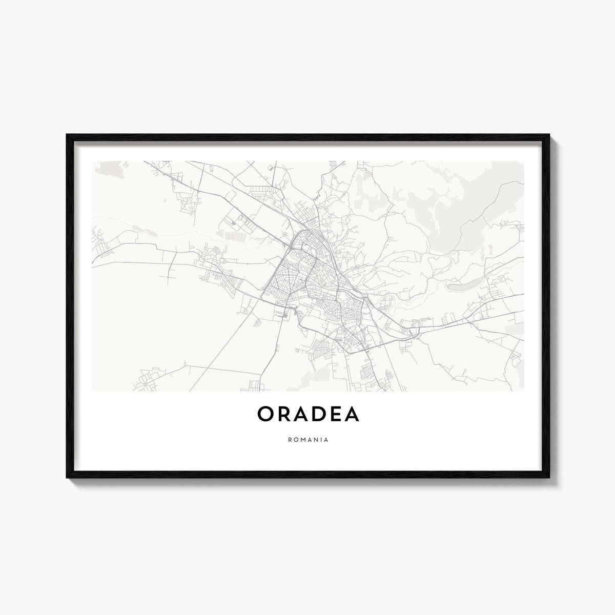Oradea black & white map poster of Romania – horizontal wall art, unframed print shown in interior mockup