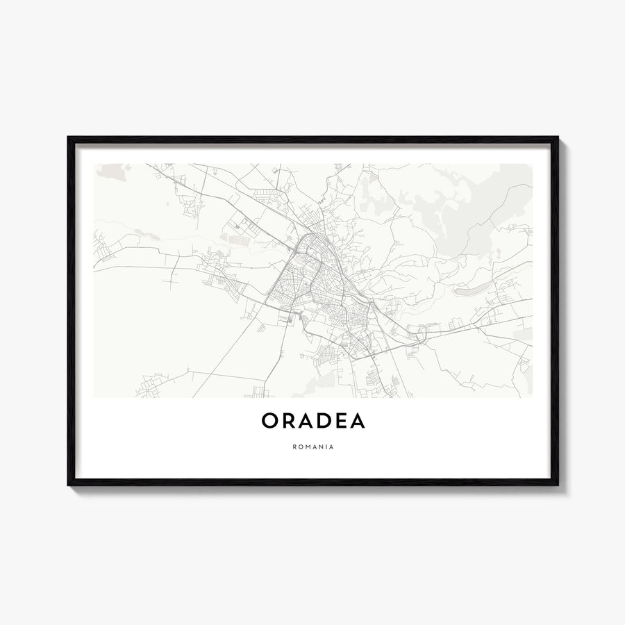 Oradea black & white map poster of Romania – horizontal wall art, unframed print shown in interior mockup