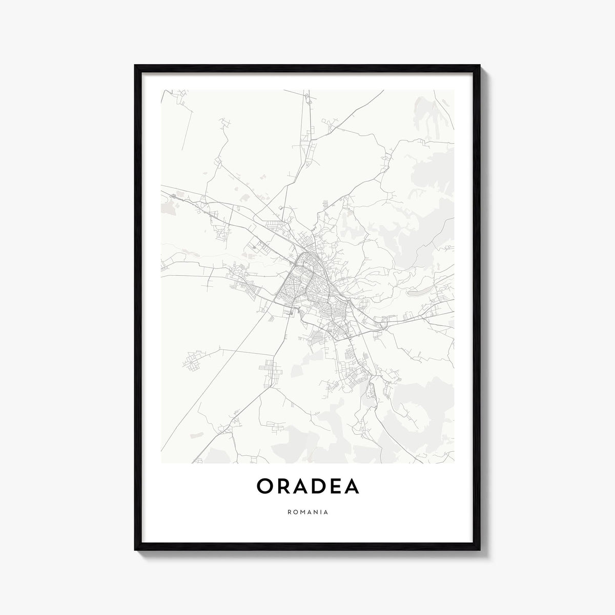 Oradea black & white map poster of Romania – vertical wall art, unframed print shown in interior mockup