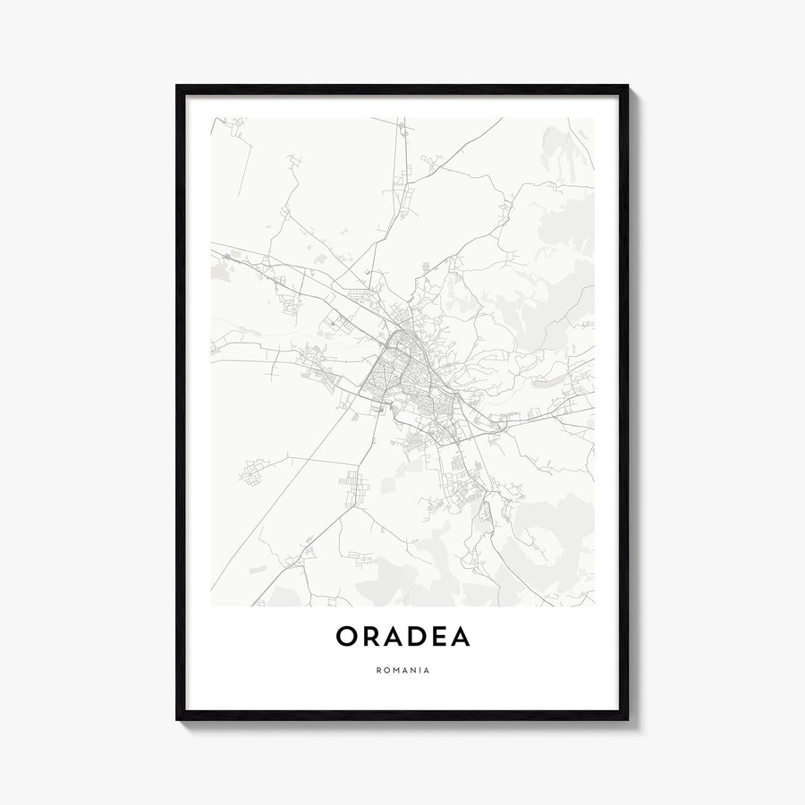 Oradea black & white map poster of Romania – vertical wall art, unframed print shown in interior mockup