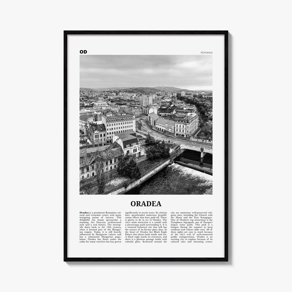 Oradea black & white newspaper poster of Romania – vertical wall art, unframed print shown in interior mockup