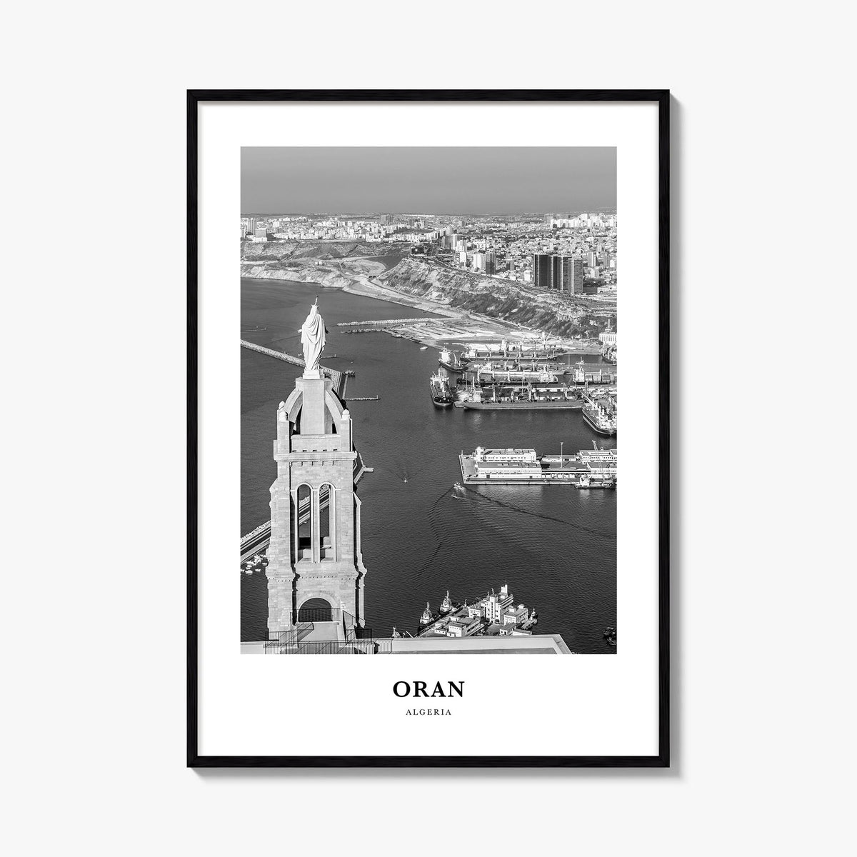 Oran black & white classic poster of Algeria – vertical wall art, unframed print shown in interior mockup