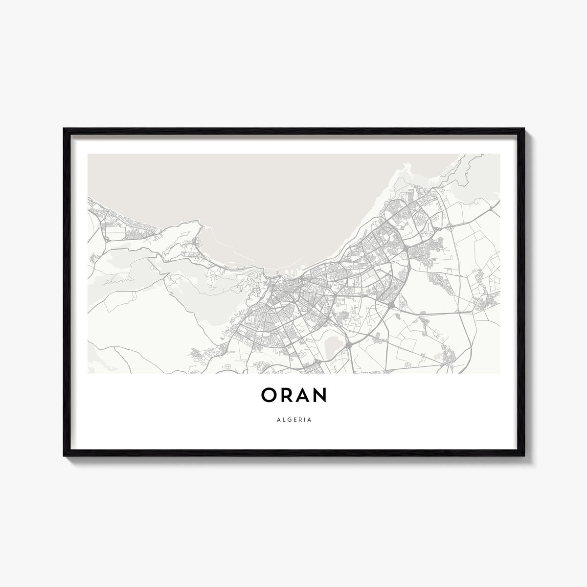 Oran black & white map poster of Algeria – horizontal wall art, unframed print shown in interior mockup