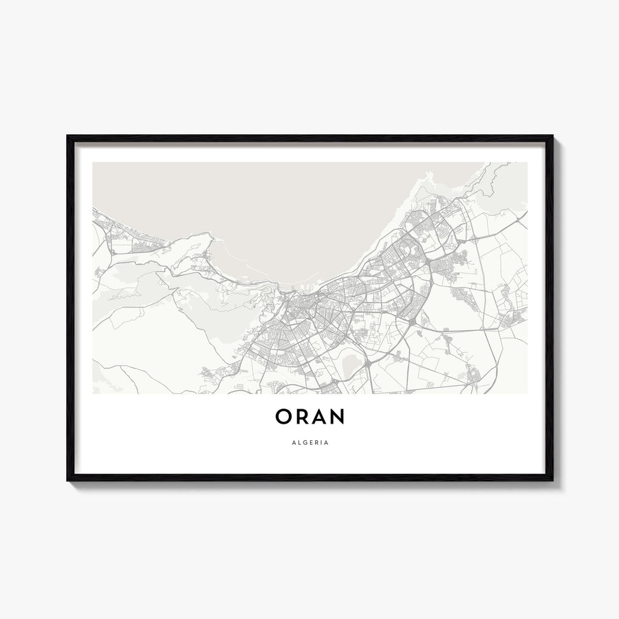 Oran black & white map poster of Algeria – horizontal wall art, unframed print shown in interior mockup