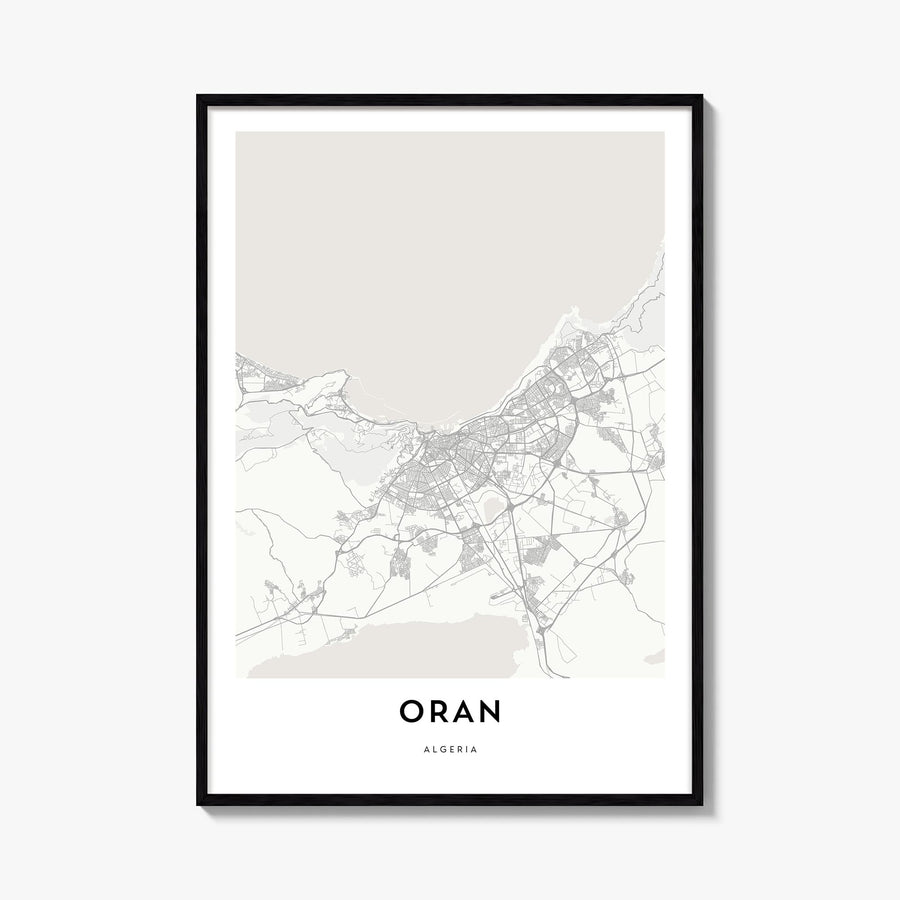 Oran black & white map poster of Algeria – vertical wall art, unframed print shown in interior mockup