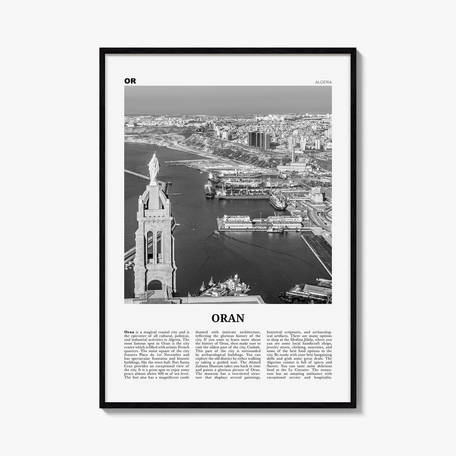 Oran black & white newspaper poster of Algeria – vertical wall art, unframed print shown in interior mockup
