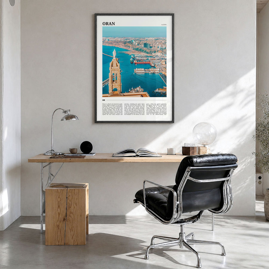 Oran Travel Poster in a black wood frame, hanging in a bright home office