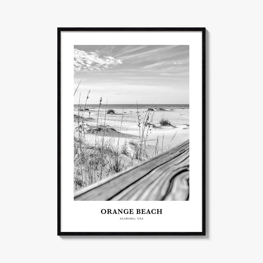 Orange Beach black & white classic poster of Alabama, USA – vertical wall art, unframed print shown in interior mockup