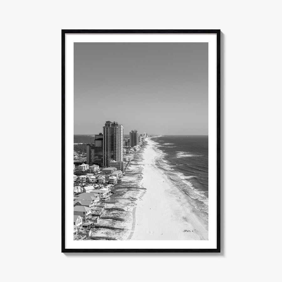 Orange Beach black & white photo poster of Alabama, USA – vertical wall art, unframed print shown in interior mockup