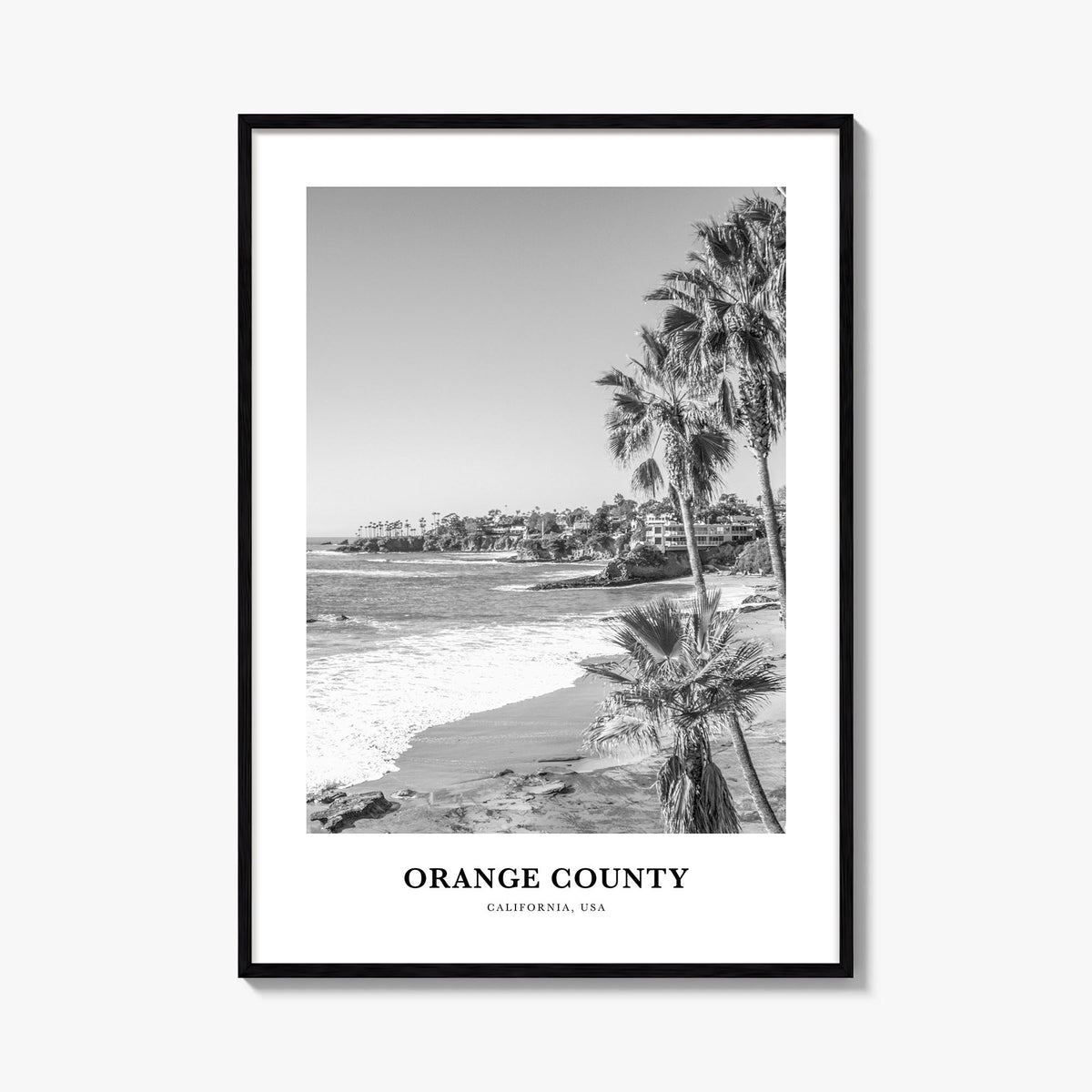 Orange County black & white classic poster of California, USA – vertical wall art, unframed print shown in interior mockup