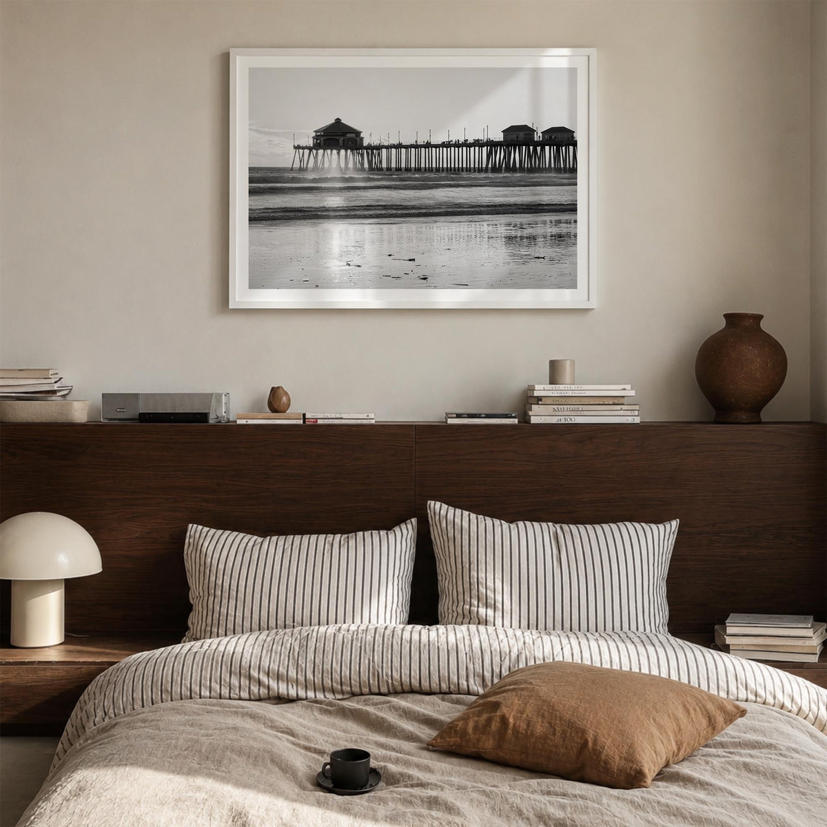 Orange County black & white photo poster of California, USA – horizontal wall art in white wood frame with white border, hang
