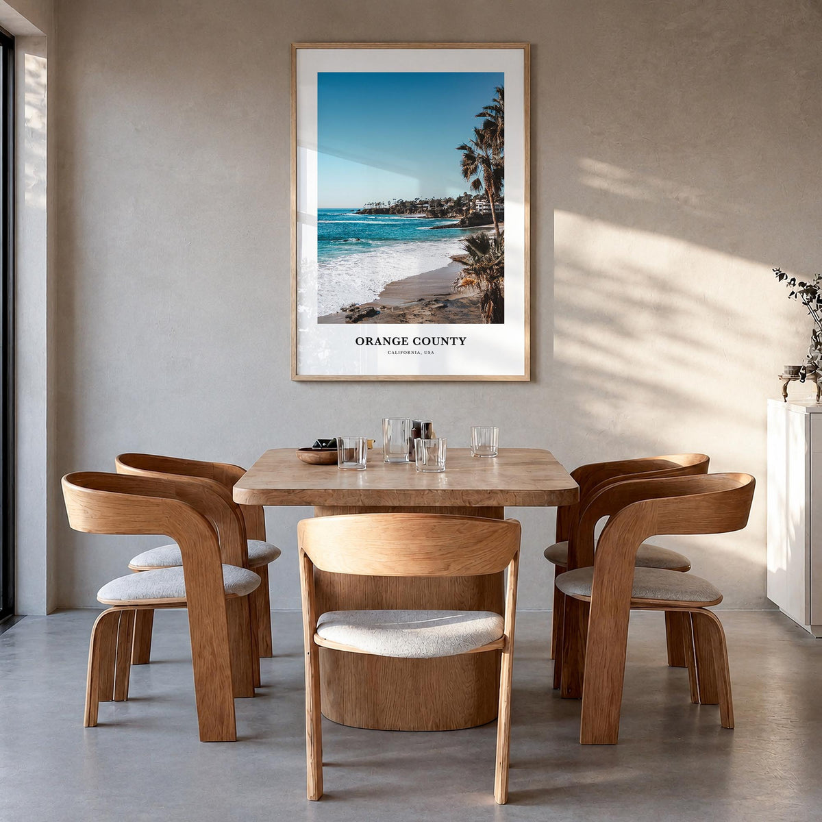 Orange County colorful classic poster of California, USA – vertical wall art in natural wood frame, hanging on wall