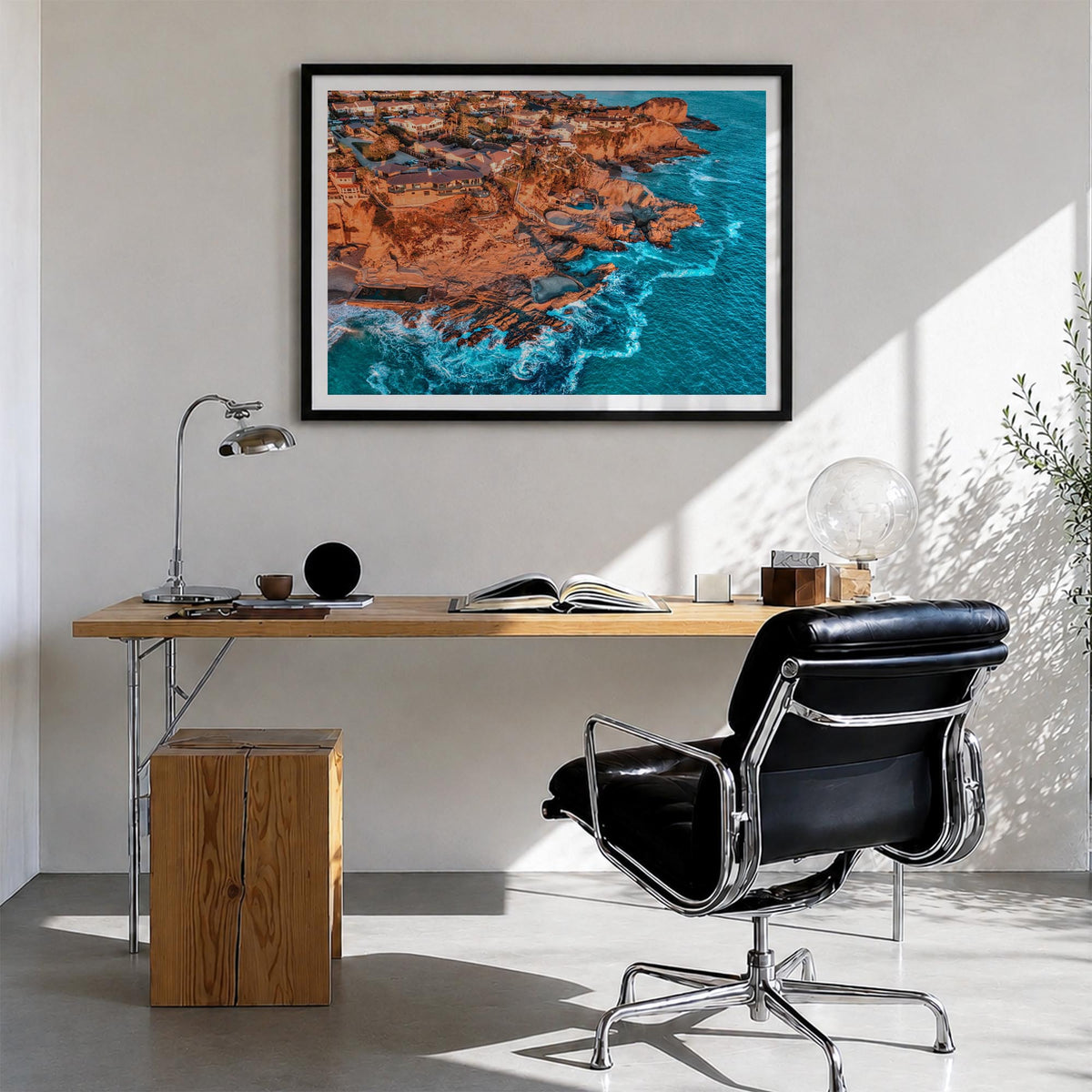 Orange County colorful photo poster of California, USA – horizontal wall art in black wood frame with white border, hanging o