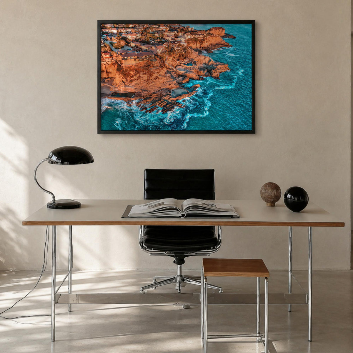 Orange County colorful photo poster of California, USA – horizontal wall art in black wood frame, hanging on wall