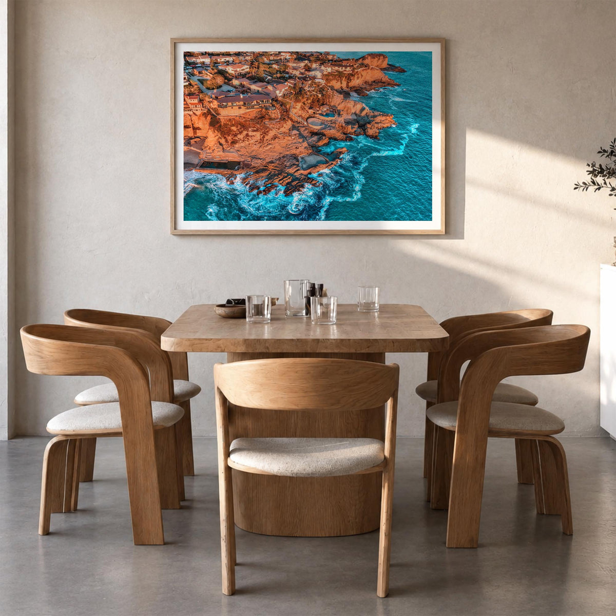 Orange County colorful photo poster of California, USA – horizontal wall art in natural wood frame with white border, hanging