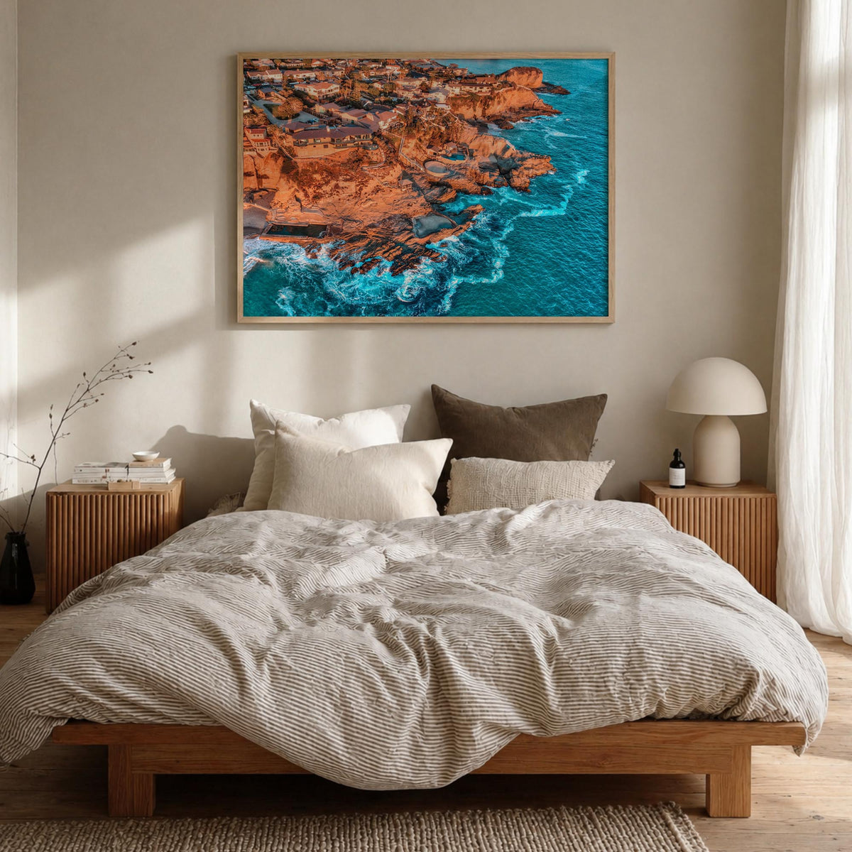 Orange County colorful photo poster of California, USA – horizontal wall art in natural wood frame, hanging on wall