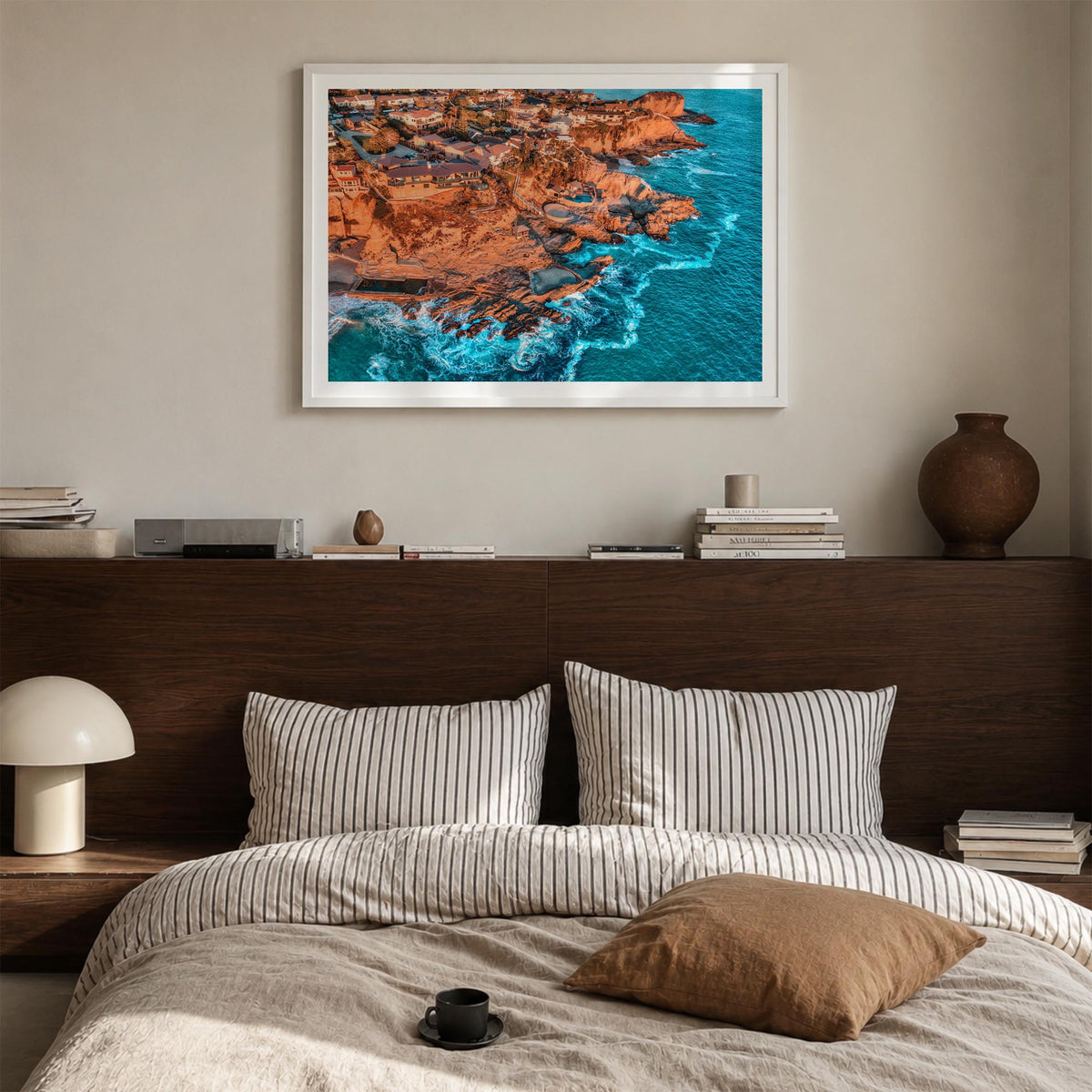 Orange County colorful photo poster of California, USA – horizontal wall art in white wood frame with white border, hanging o