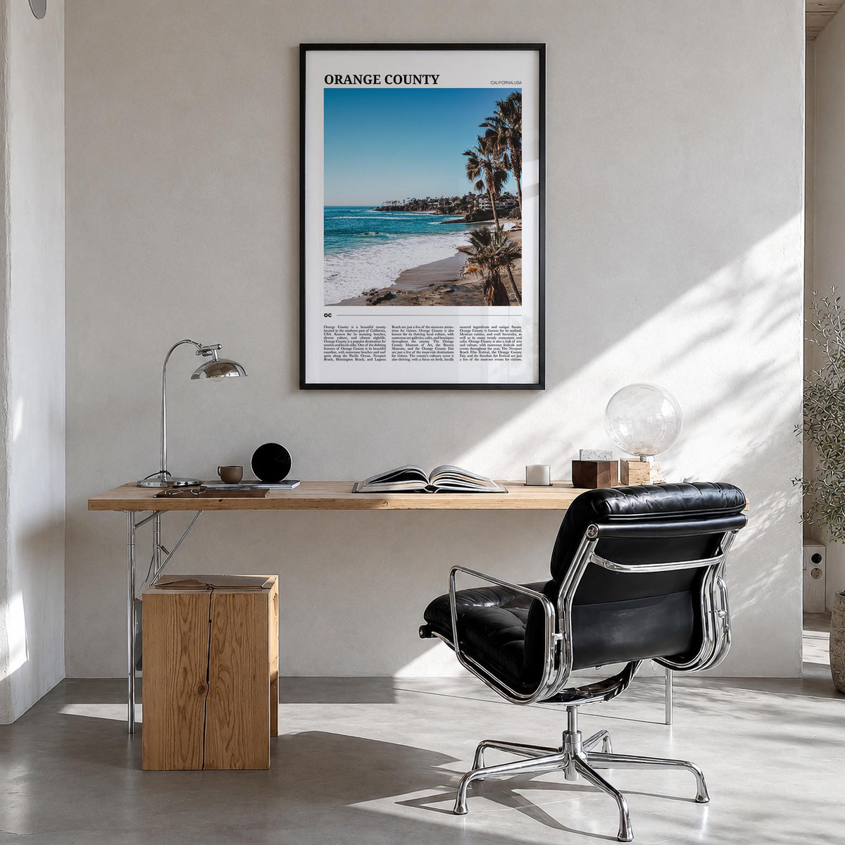 Orange County colorful travel poster of California, USA – vertical wall art in black wood frame, hanging on wall