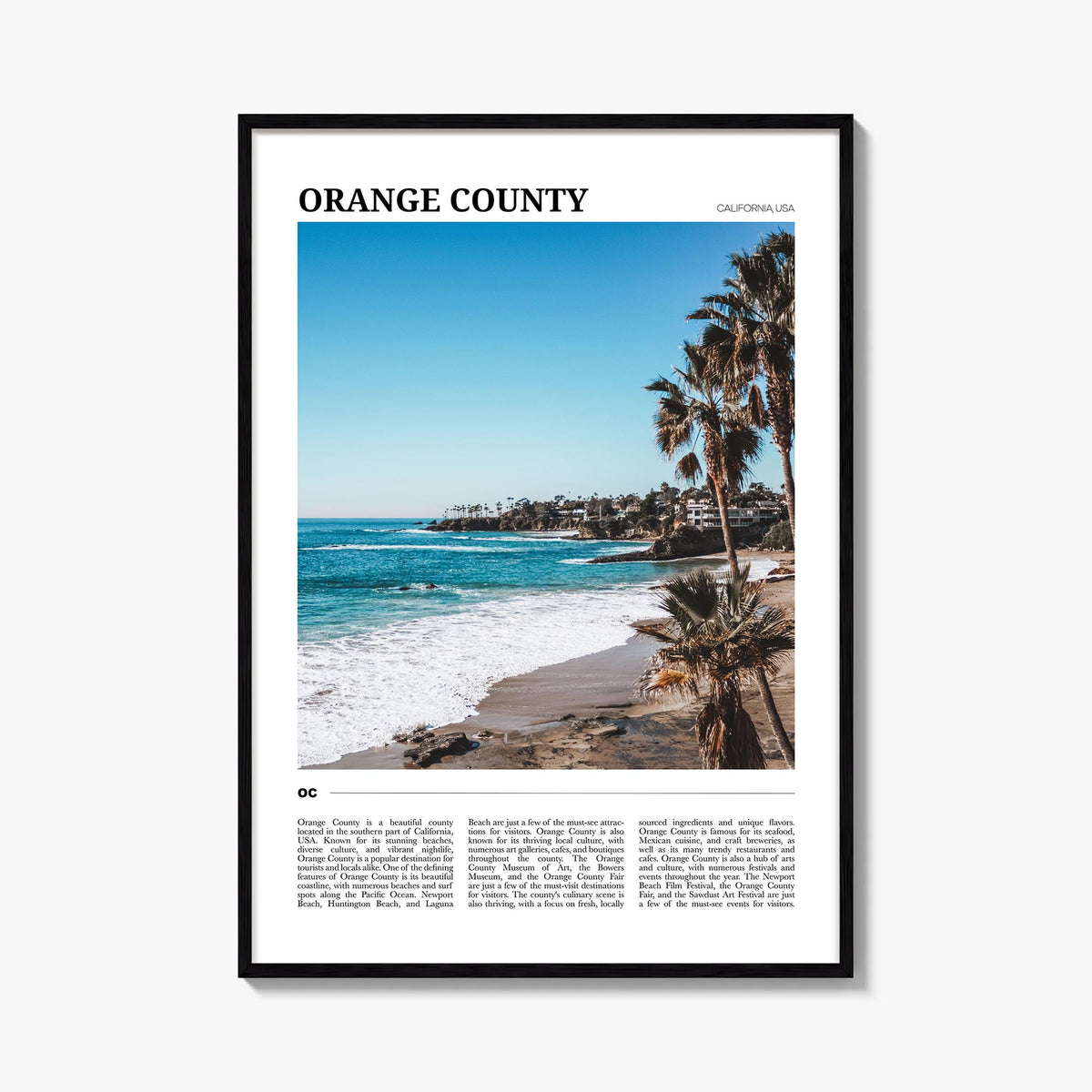 Orange County colorful travel poster of California, USA – vertical wall art, unframed print shown in interior mockup