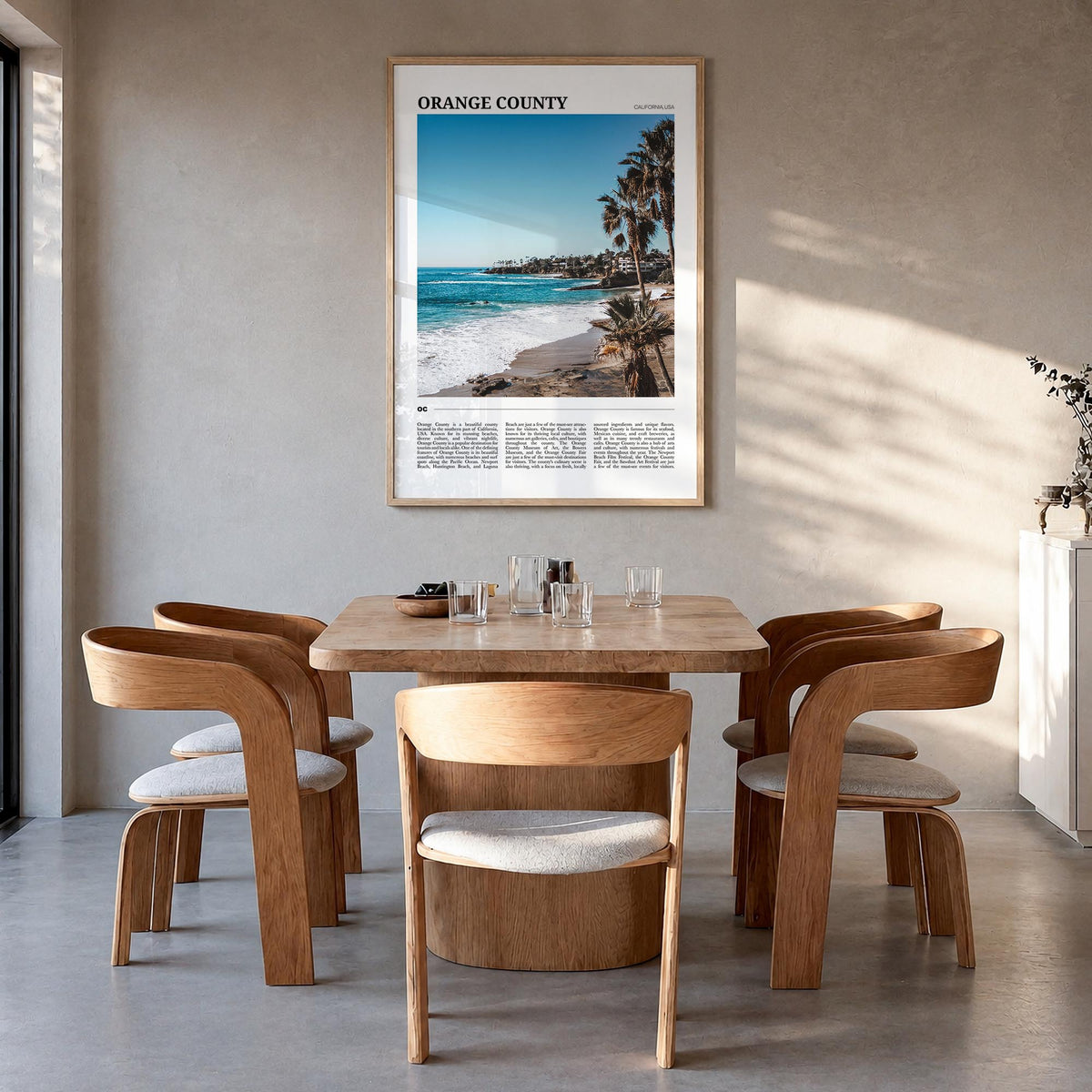 Orange County colorful travel poster of California, USA – vertical wall art in natural wood frame, hanging on wall
