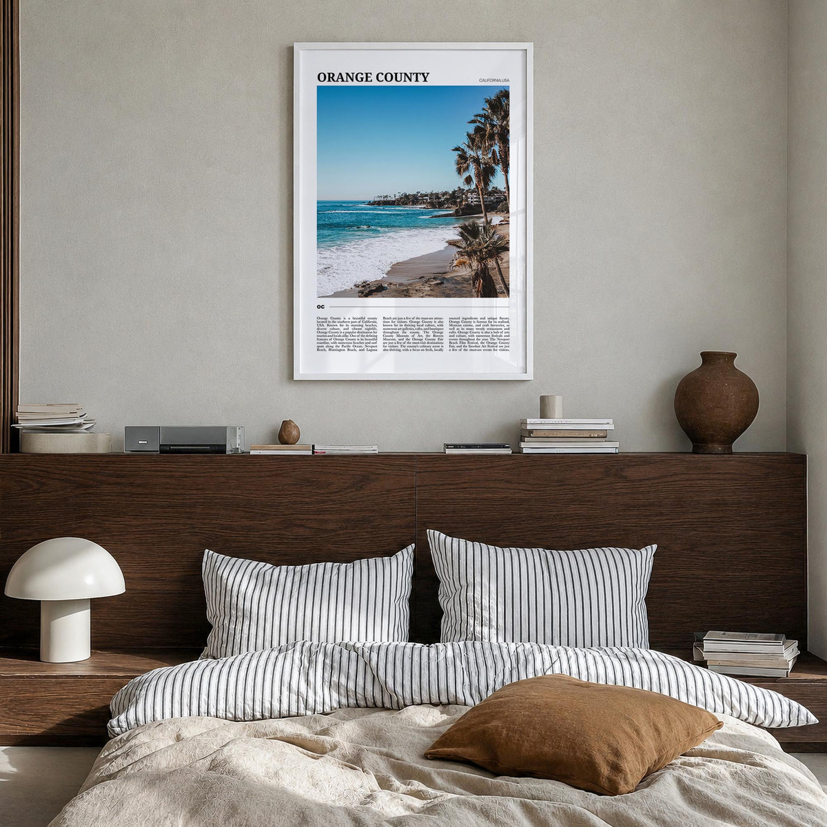 Orange County colorful travel poster of California, USA – vertical wall art in white wood frame, hanging on wall