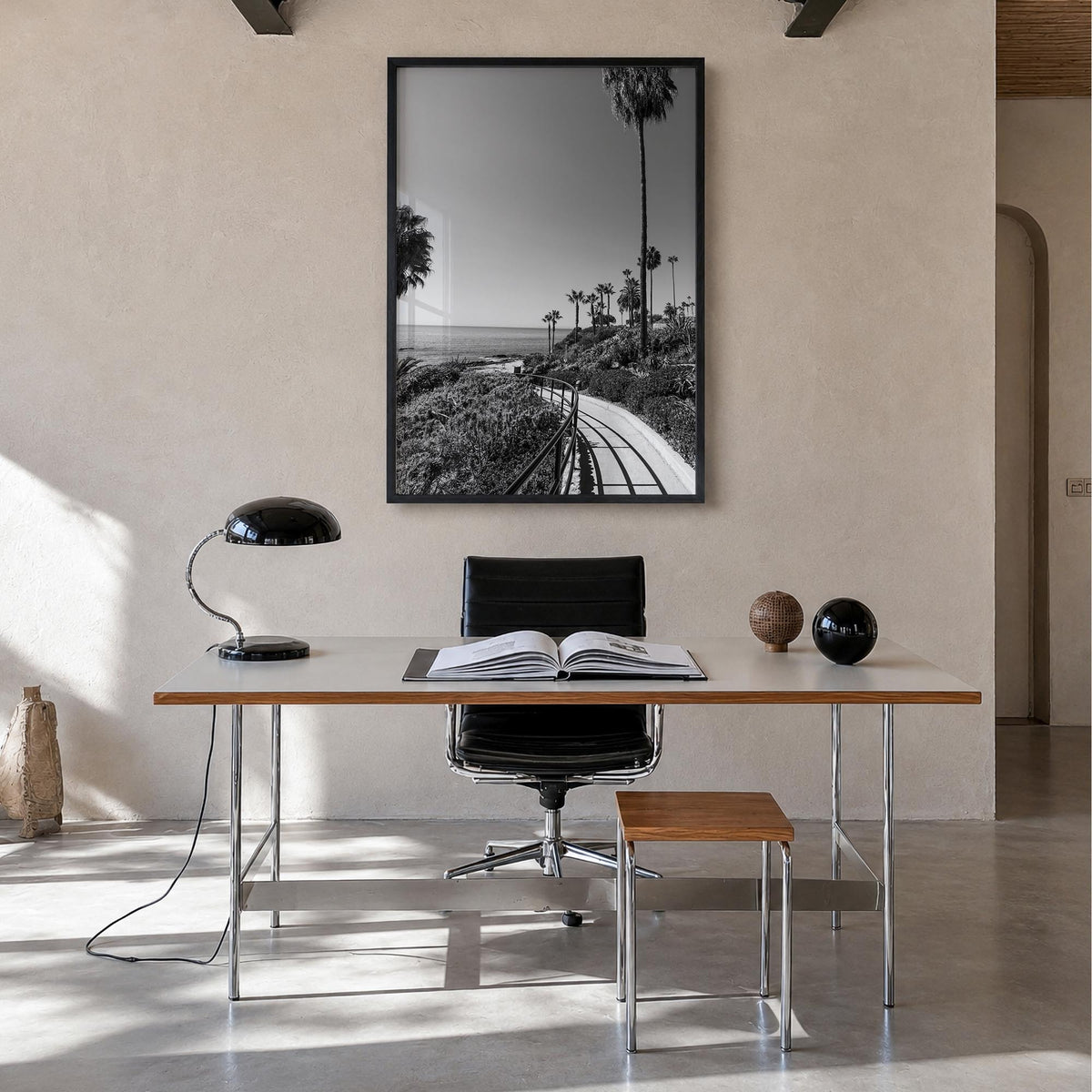Orange County no. 1 black & white photo poster of California, USA – vertical wall art in black wood frame, hanging on wall