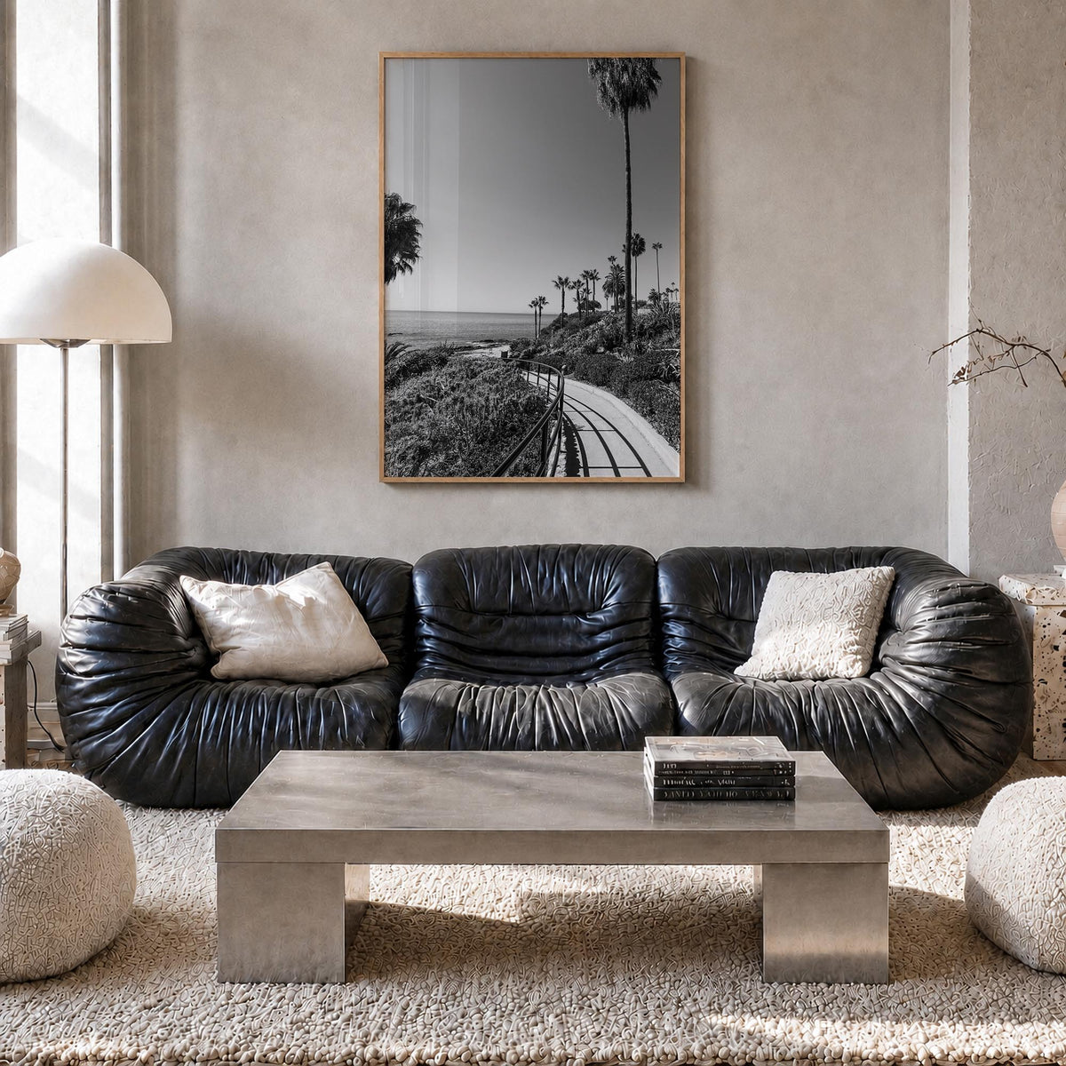 Orange County no. 1 black & white photo poster of California, USA – vertical wall art in natural wood frame, hanging on wall