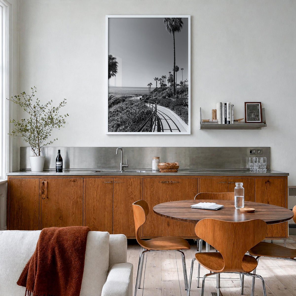 Orange County no. 1 black & white photo poster of California, USA – vertical wall art in white wood frame, hanging on wall