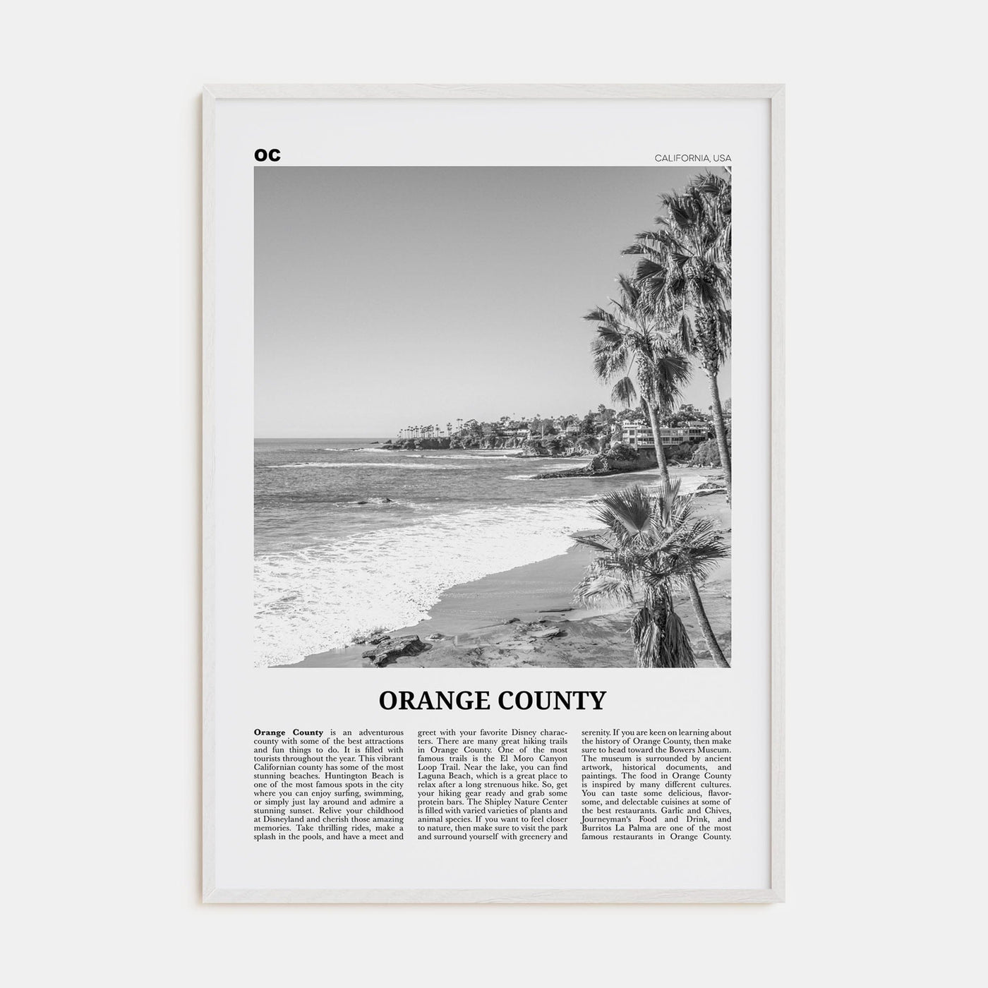 Orange County No 1 Poster White Wood / 8x12 in Nbourhood Travel B&W Poster