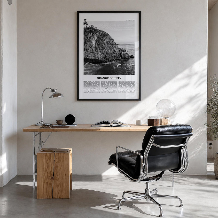Orange County no. 2 black & white newspaper poster of California, USA – vertical wall art in black wood frame, hanging on wal