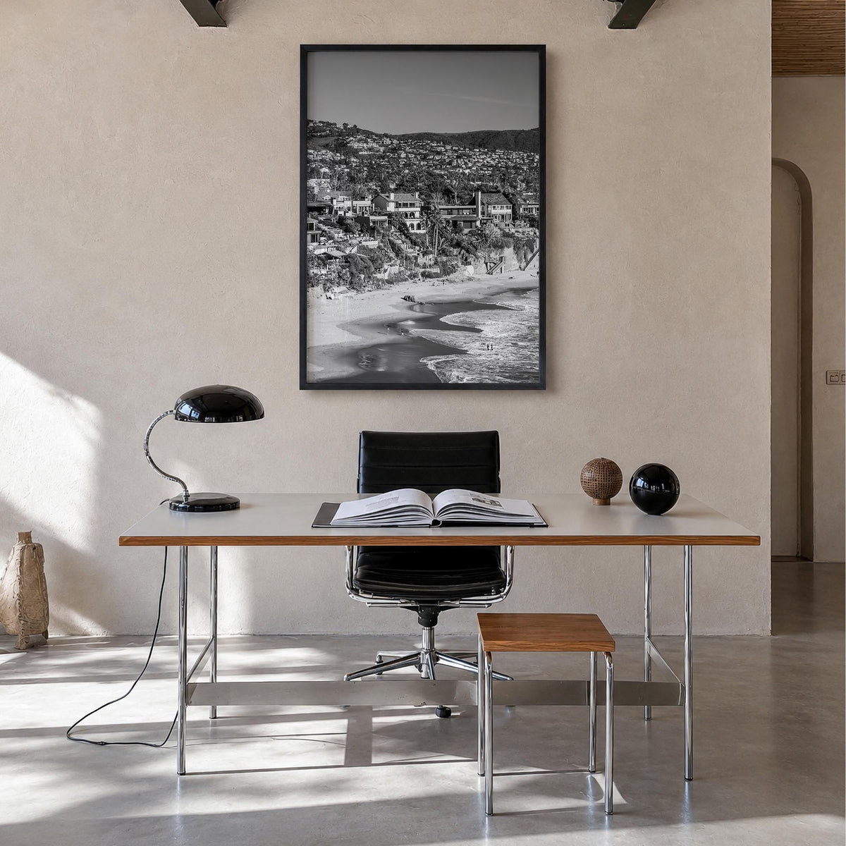 Orange County no. 2 black & white photo poster of California, USA – vertical wall art in black wood frame, hanging on wall