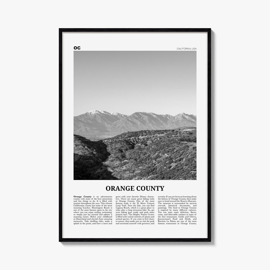 Orange County no. 3 black & white newspaper poster of California, USA – vertical wall art, unframed print shown in interior m