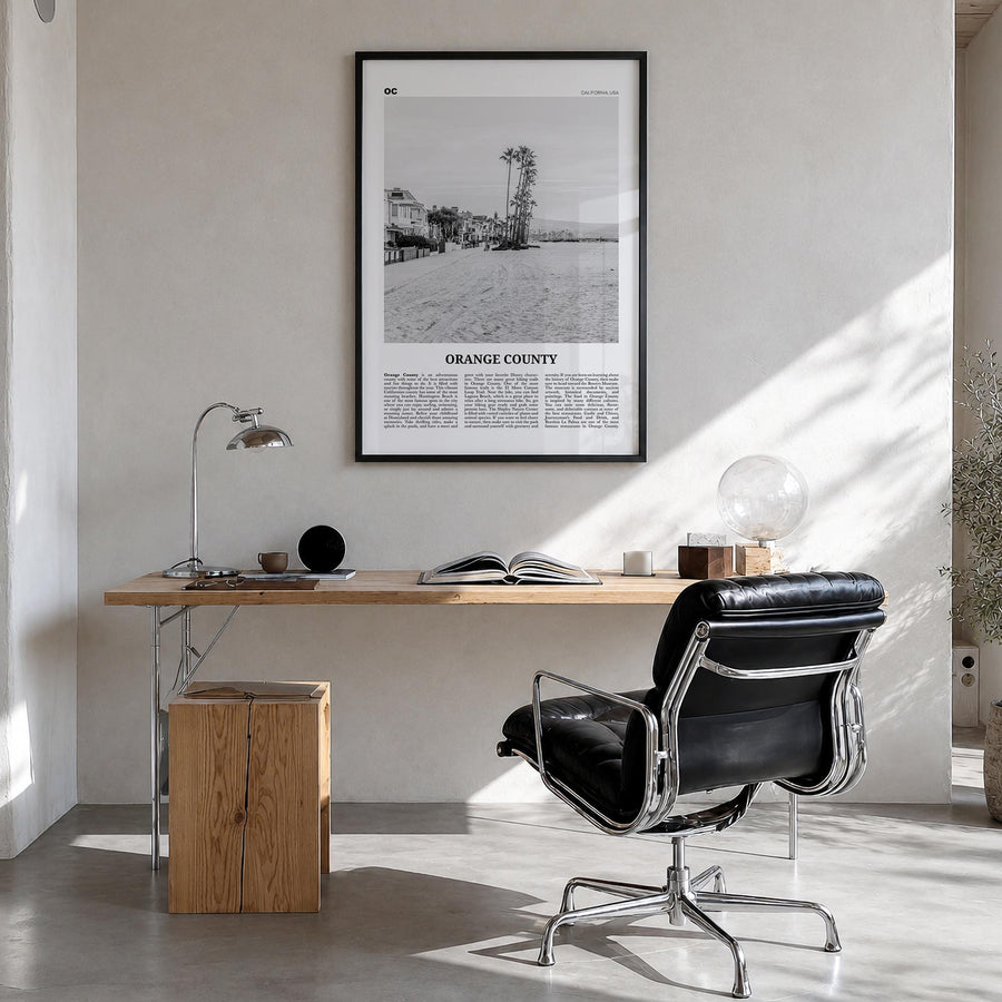 Orange County no. 4 black & white newspaper poster of California, USA – vertical wall art in black wood frame, hanging on wal
