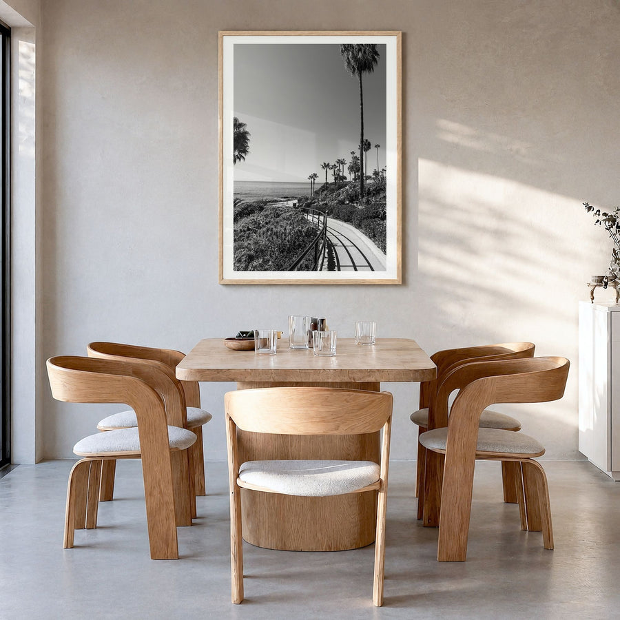 Orange County Photo No 1 Poster in a natural wood frame, hanging in a dining room, white border