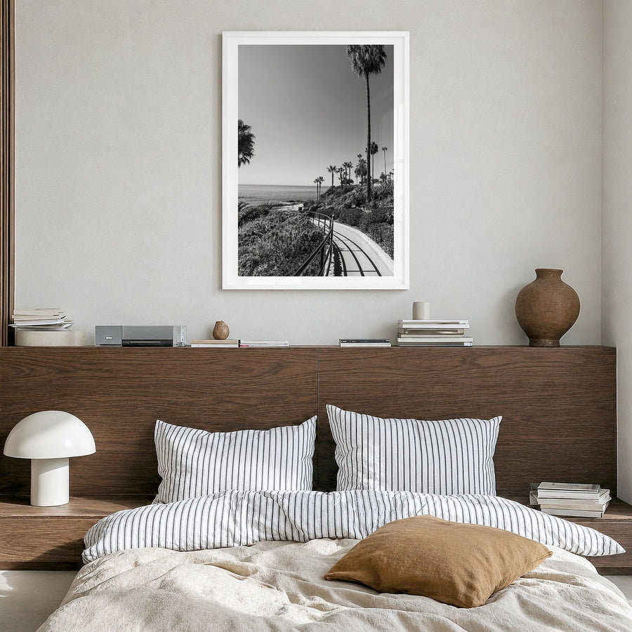 Orange County Photo No 1 Poster in a white wood frame, hanging in a bedroom, white border