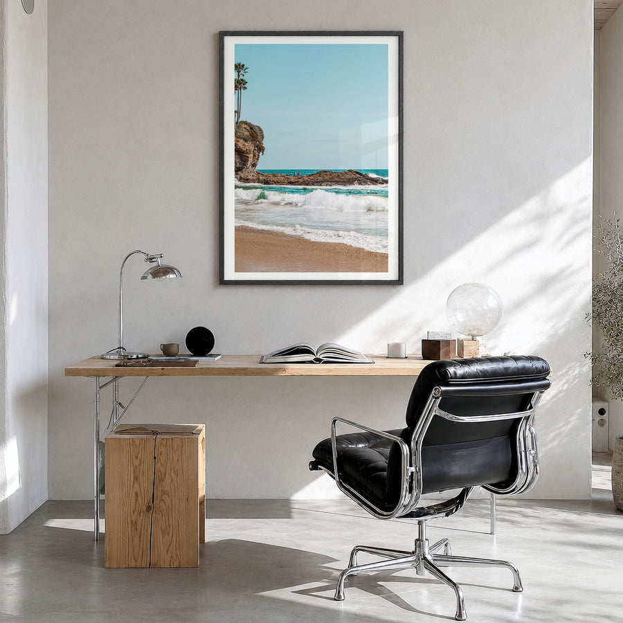 Orange County Photo No 1 Poster in a black wood frame, hanging in a bright home office, white border