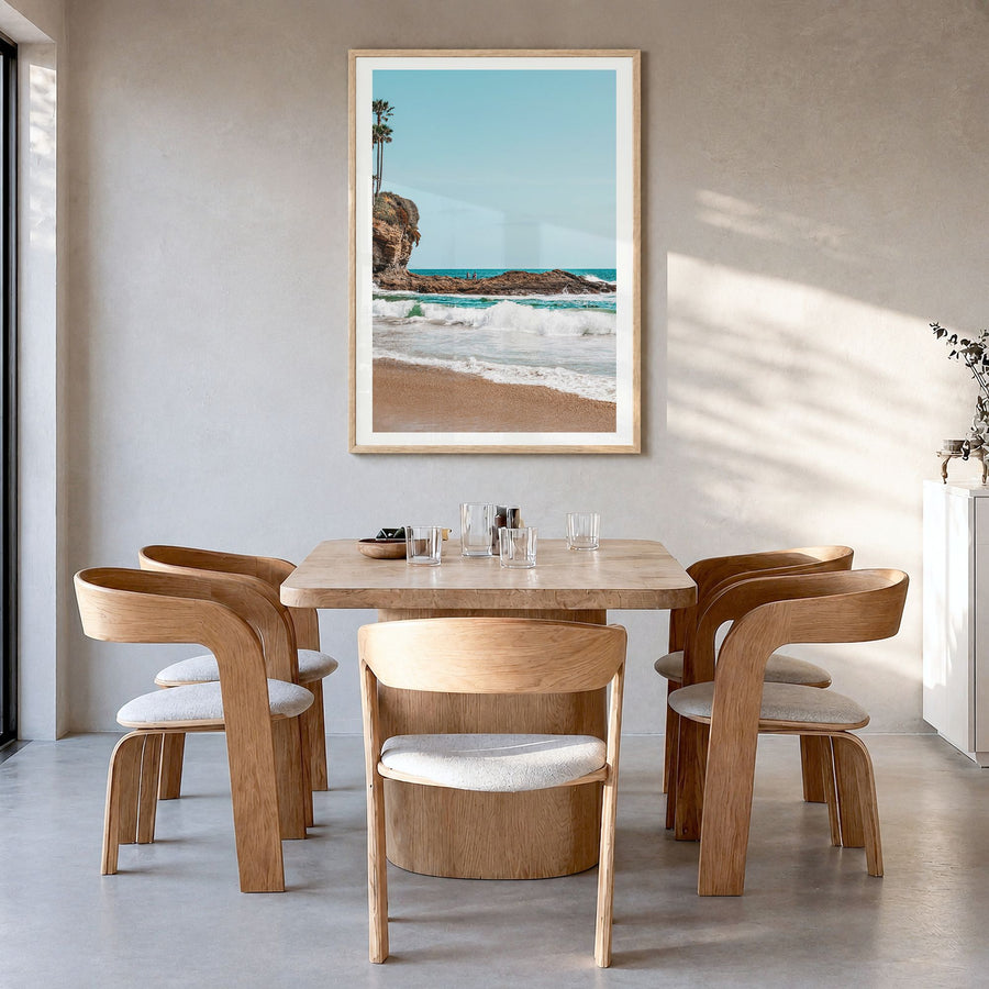 Orange County Photo No 1 Poster in a natural wood frame, hanging in a dining room, white border