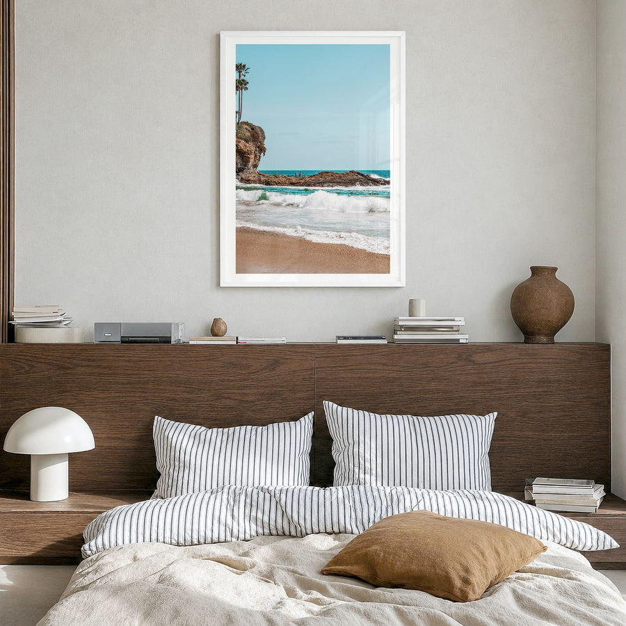 Orange County Photo No 1 Poster in a white wood frame, hanging in a bedroom, white border