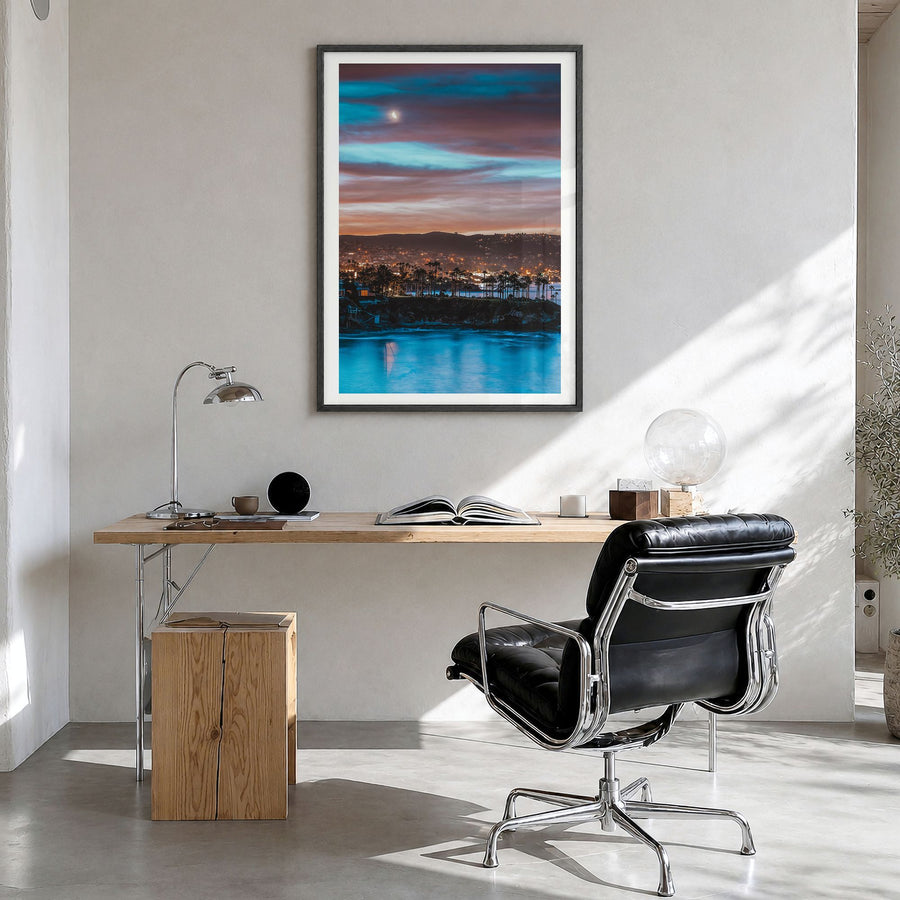 Orange County Photo No 2 Poster in a black wood frame, hanging in a bright home office, white border