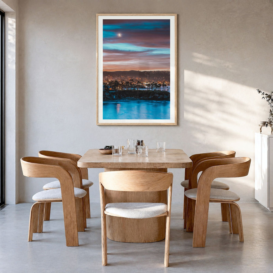 Orange County Photo No 2 Poster in a natural wood frame, hanging in a dining room, white border
