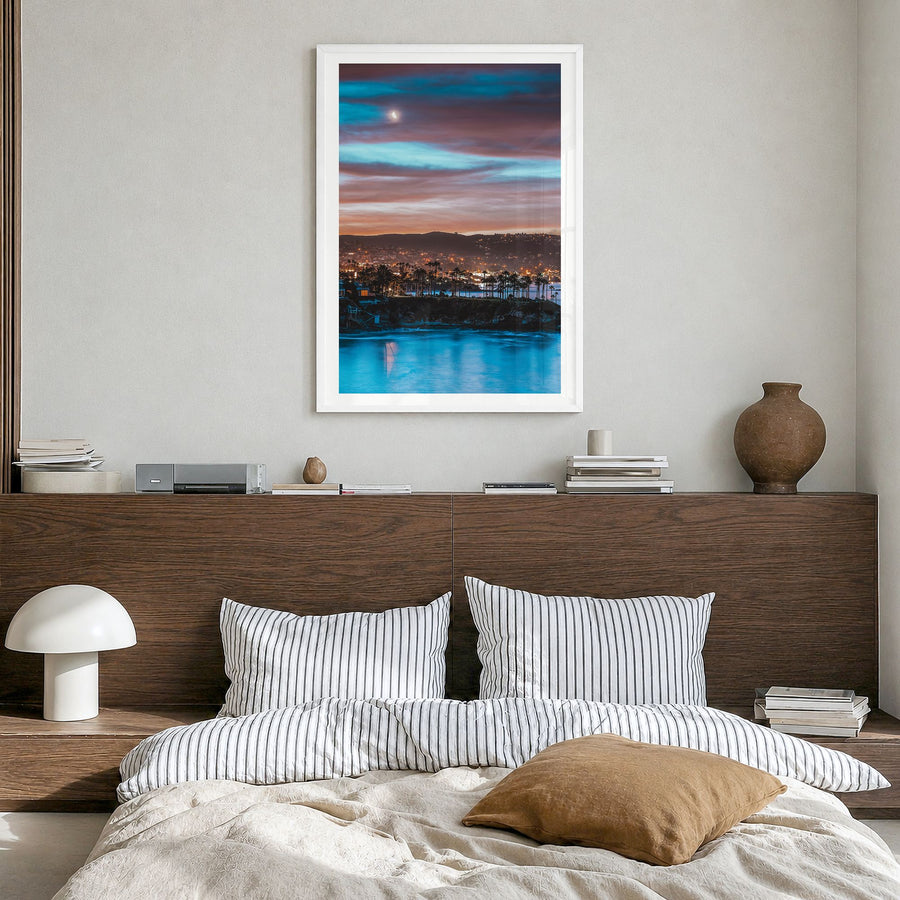 Orange County Photo No 2 Poster in a white wood frame, hanging in a bedroom, white border