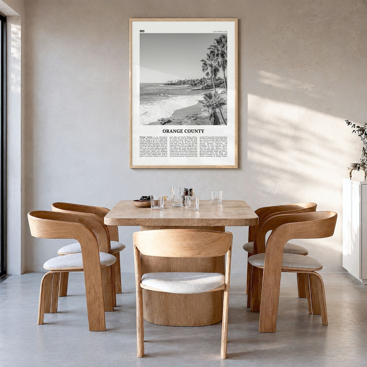 Orange County Newspaper No 1 Poster in a natural wood frame, hanging in a dining room