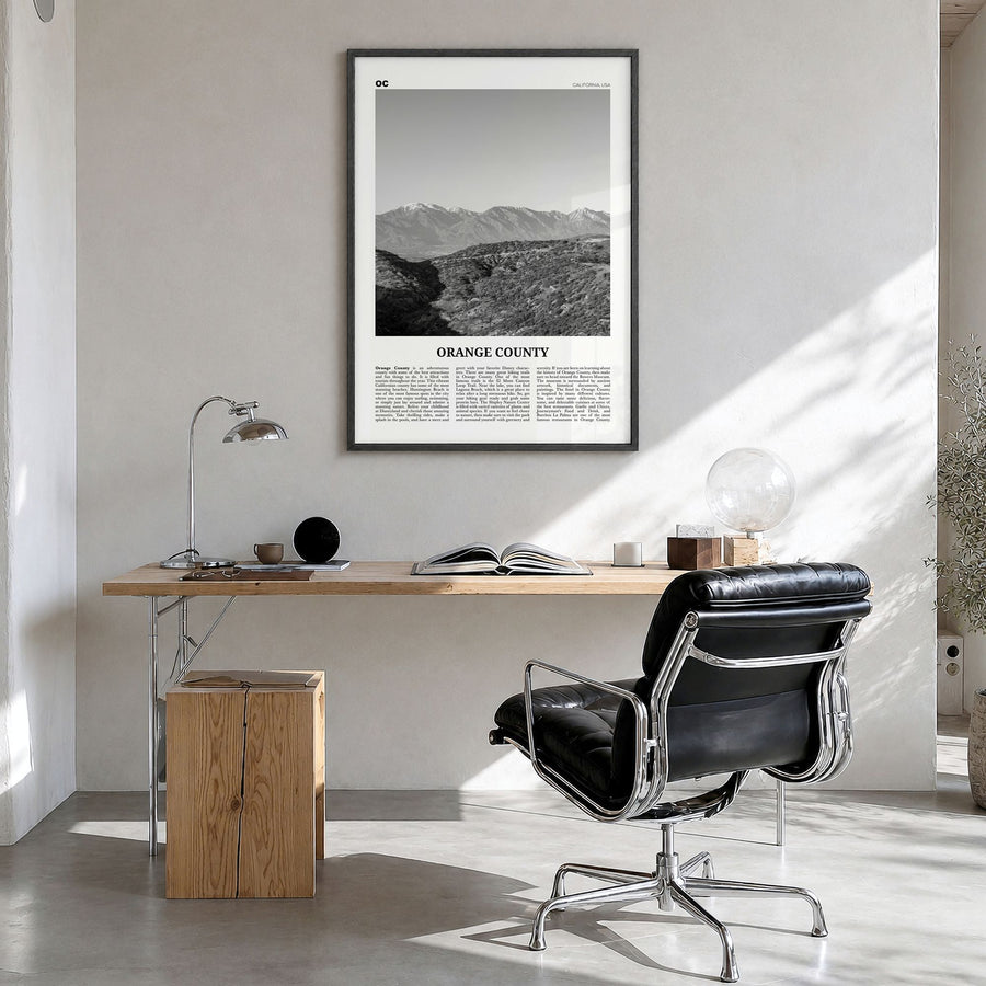 Orange County Newspaper No 3 Poster in a black wood frame, hanging in a bright home office