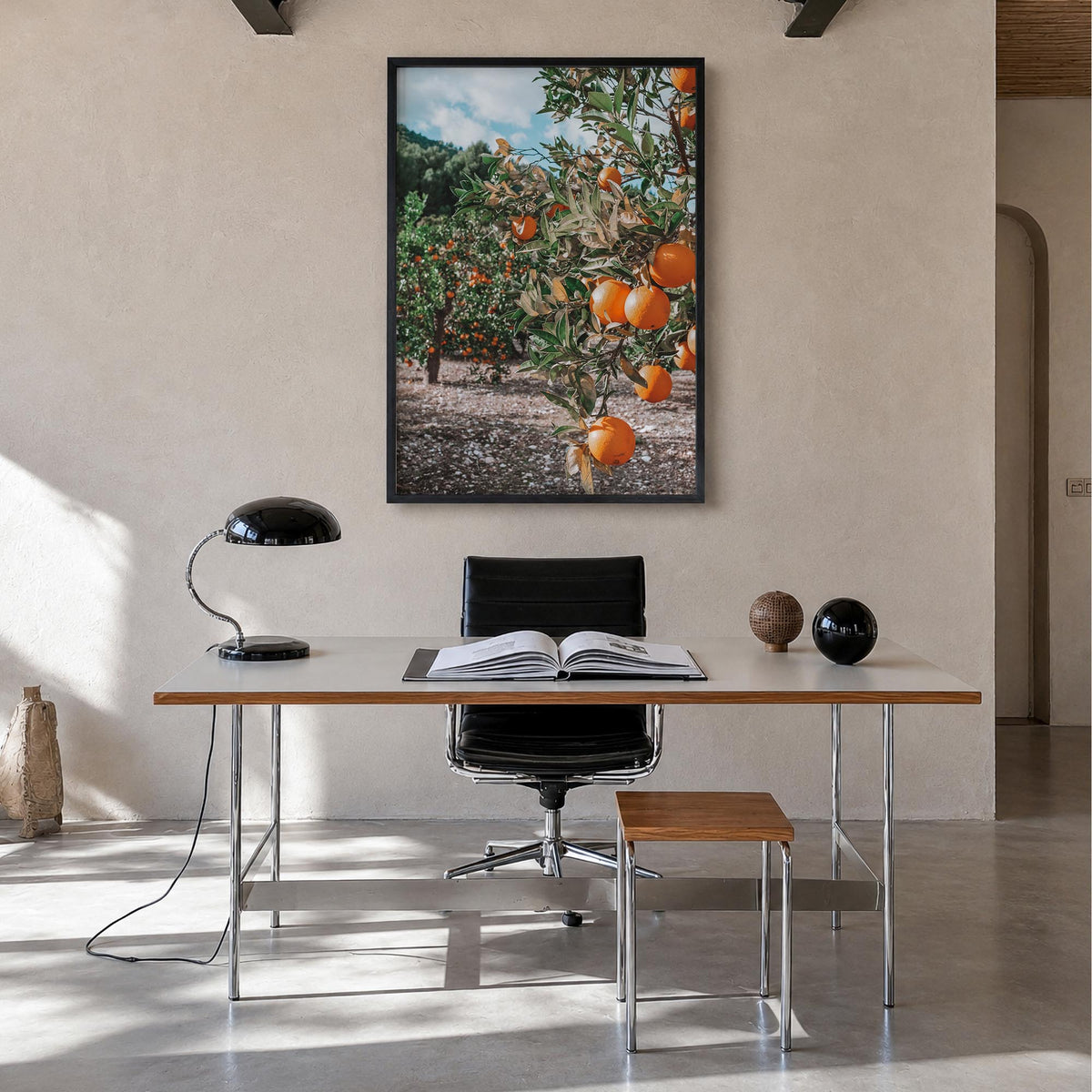 Orange Tree no. 1 colorful photo poster – vertical wall art in black wood frame, hanging on wall